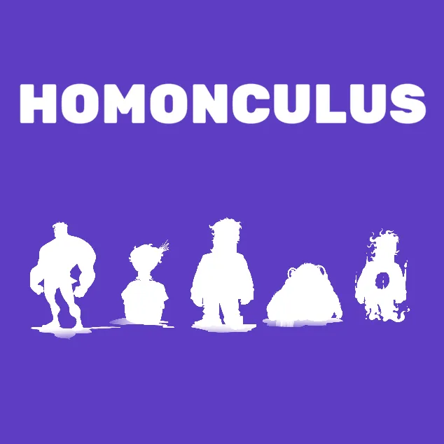 Homonculus cover: five white character silhouettes on a purple background