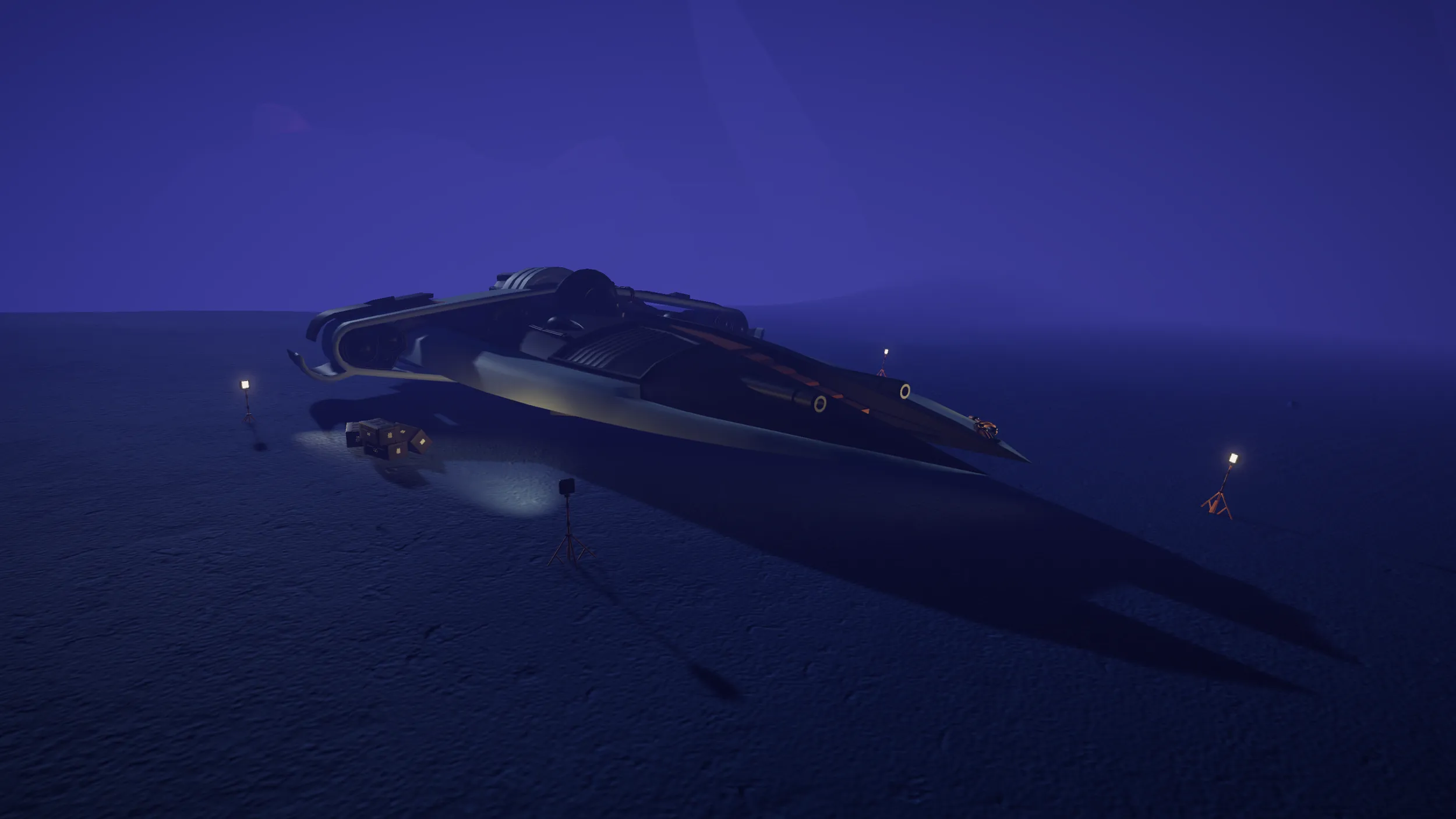 0x802 cover: a lone spacecraft grounded on a blue alien desert at dusk