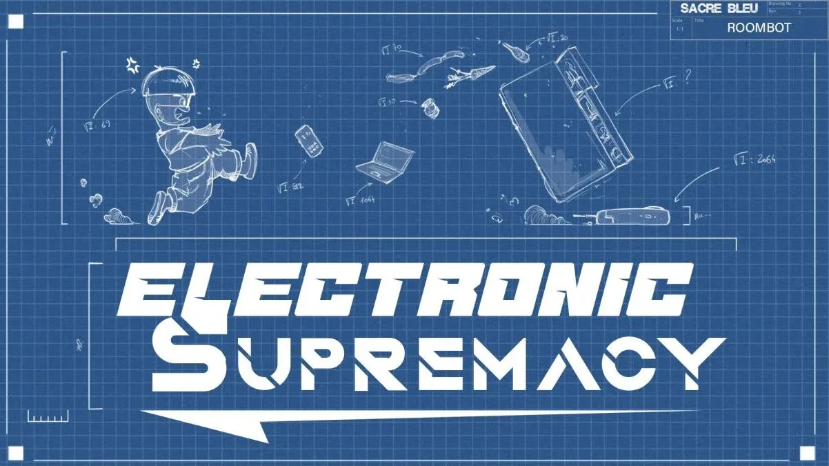 Electronic Supremacy cover: a blueprint of a Roomba plotting against the house's other electronics