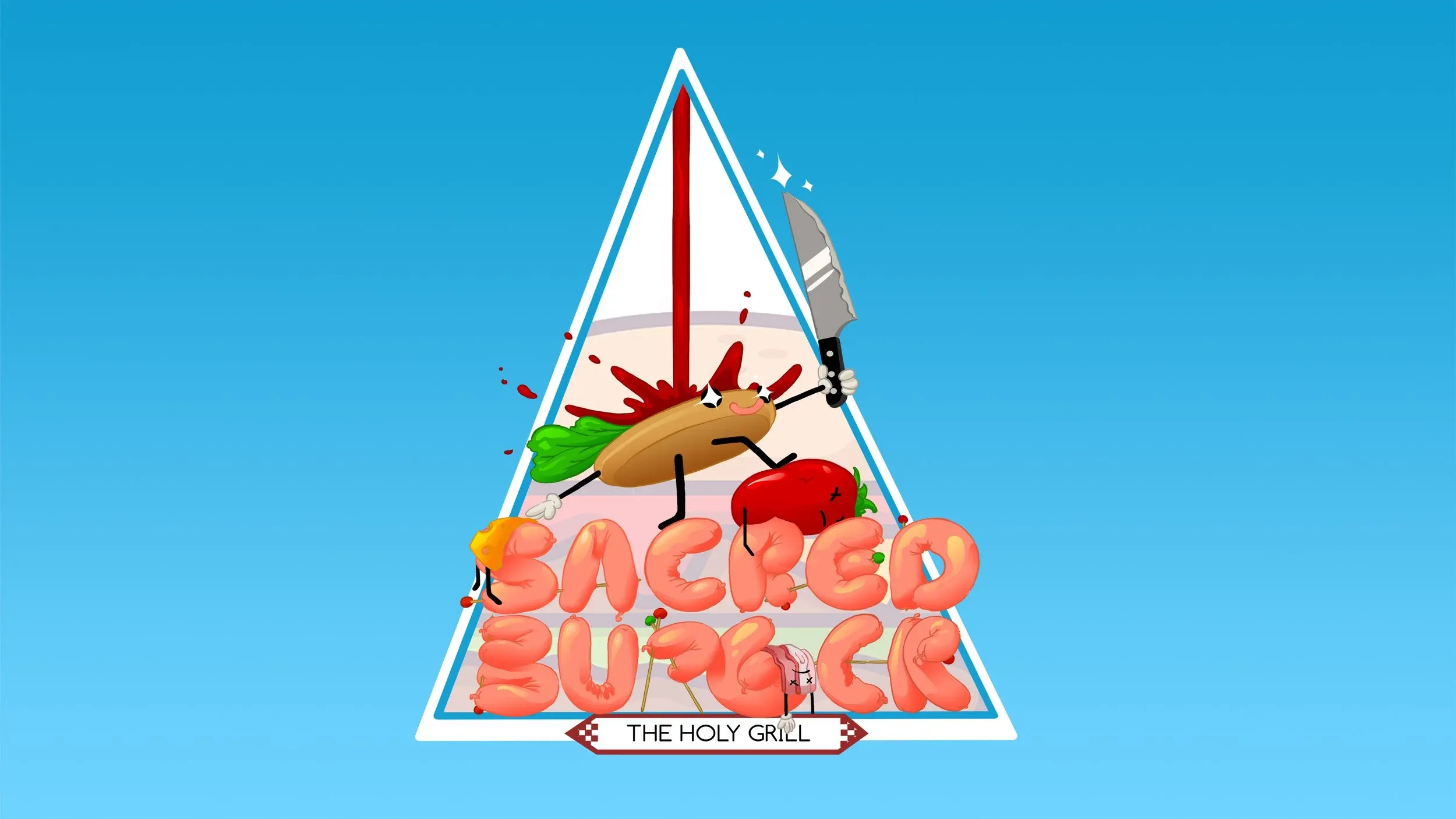 Sacred Burger cover: cartoon ingredients fleeing a knife-wielding bun inside a holy triangle