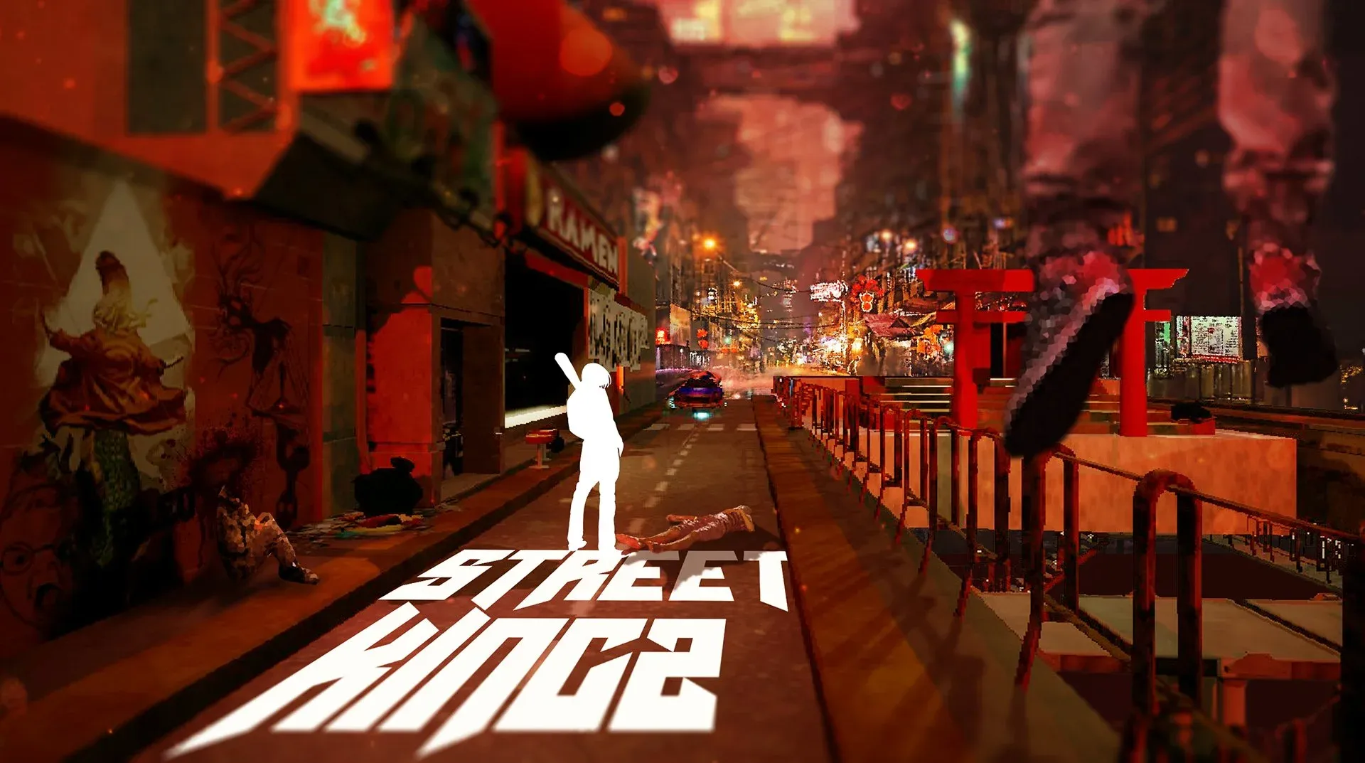 Street Kingz cover: a white silhouette with a bat standing over a defeated enemy in a neon red street