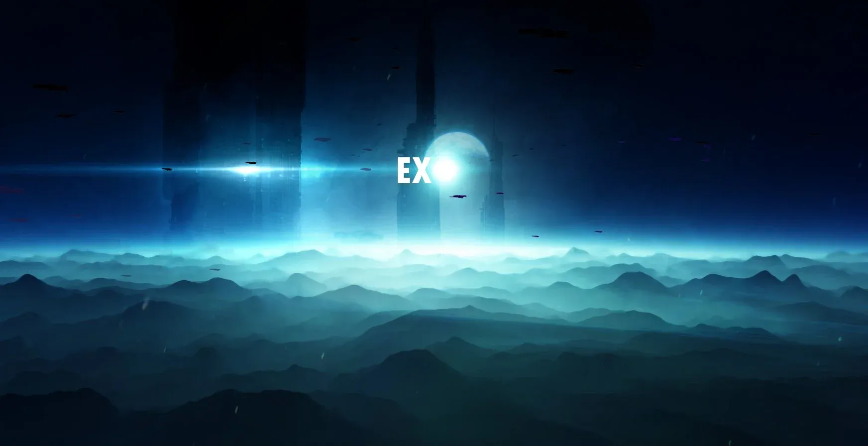 Exo cover: a bright moon rising over a misty alien mountain range