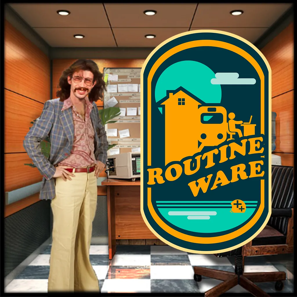 Routineware cover: a retro badge logo of a house, train and desk worker, in front of a 70s office guy